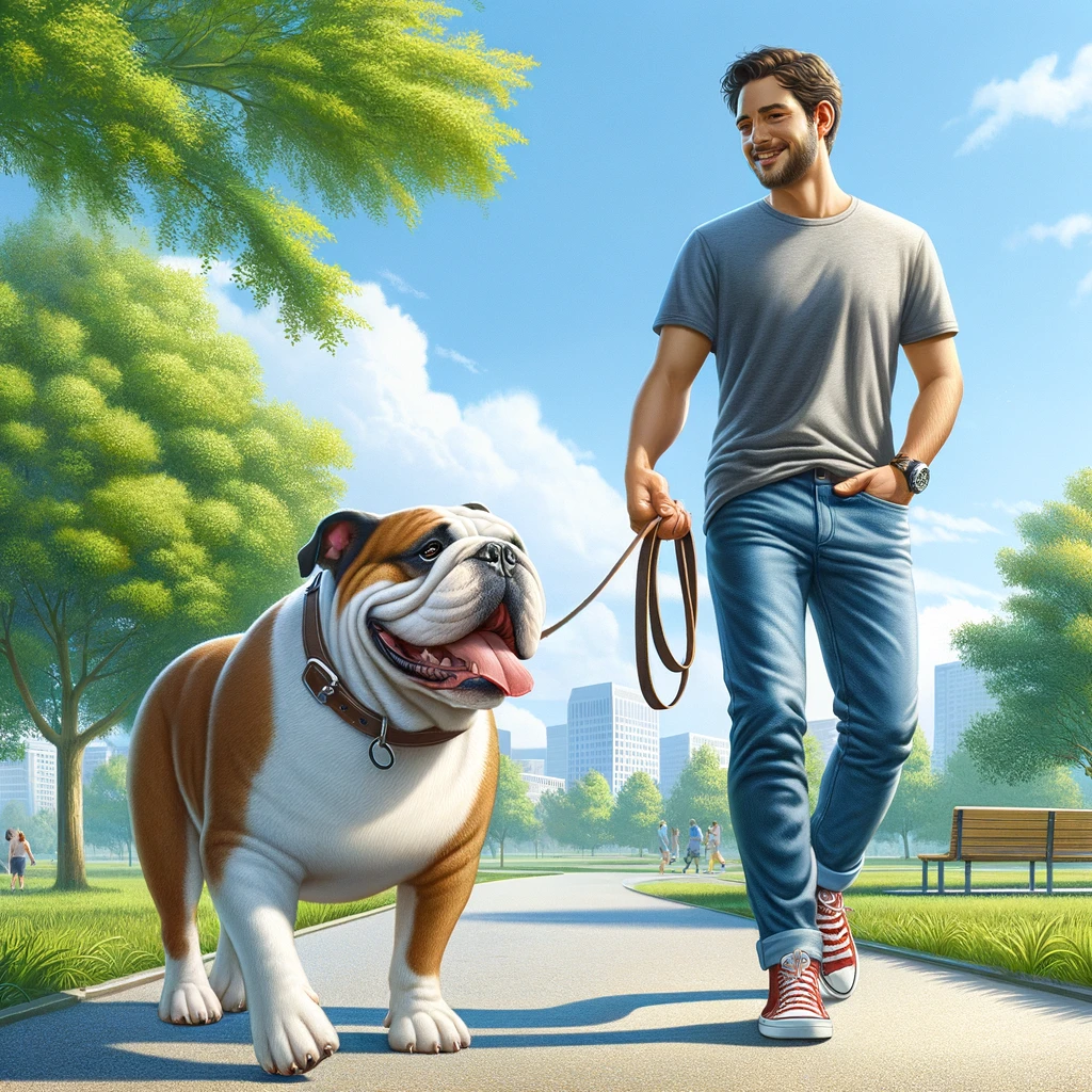 homem passeando buldog ingles